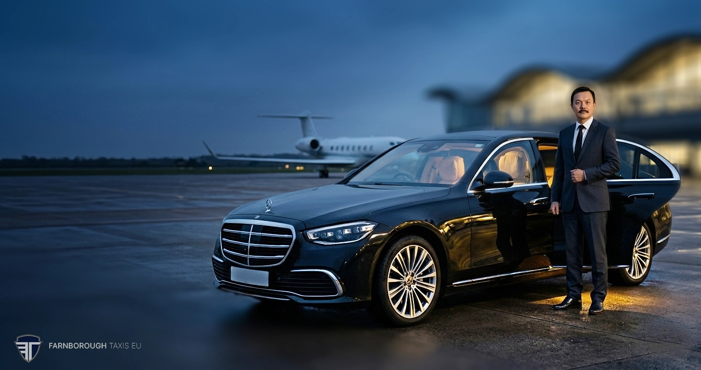 Mercedes S-Class chauffeur prepared for Farnborough to Manchester transfer