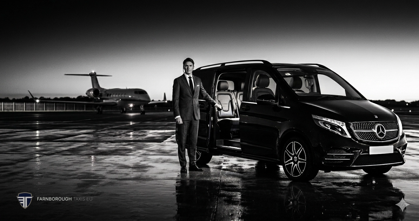 A Farnborough Taxis EU chauffeur opens the sliding door of a black Mercedes V-Class beside a private jet at TAG Farnborough.